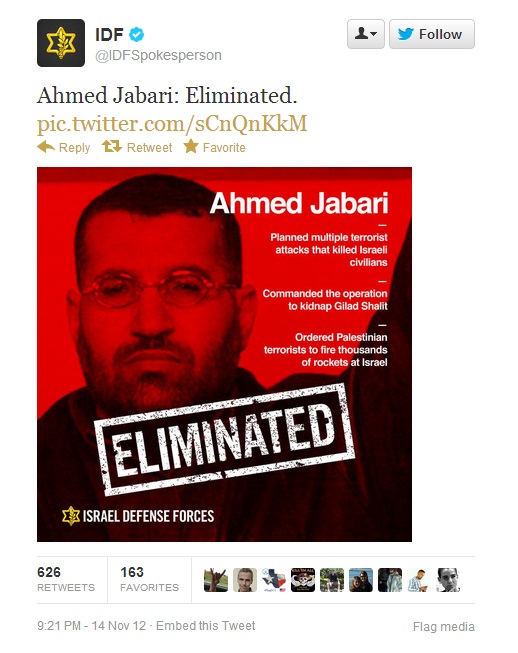 IDF tweet: Ahmed Jabari: Eliminated.