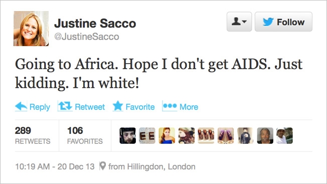 Justine Sacco offensive tweet about AIDS and race