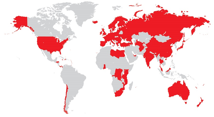 A map showing the countries where Vodafone Global Enterprise has operations (coloured in red)