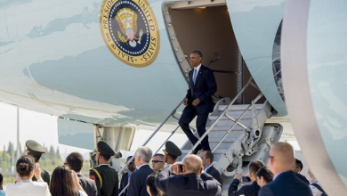 US president Barack Obama disembarks from Air Force One upon arrival at Hangzhou Xioshan International Airport