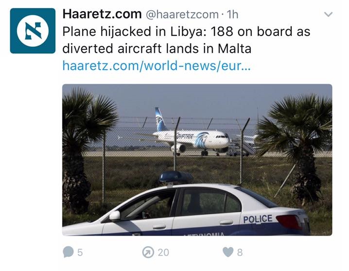 Israeli Haaretz tweet using EgyptAir plane image