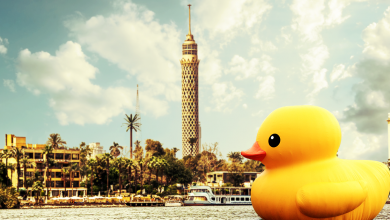 Giant Rubber Duck takes over Egypt Nile and Great Pyramids